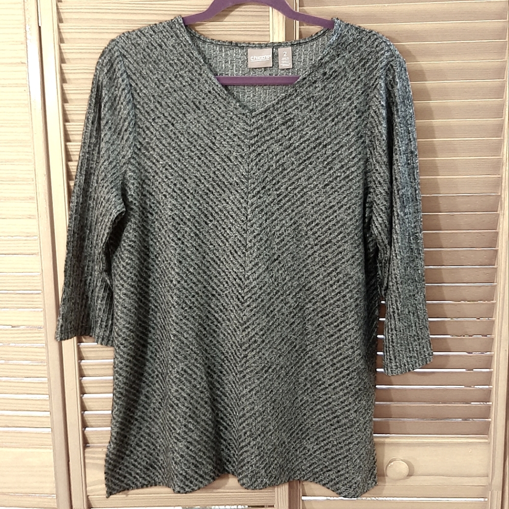 Chico's 3/4 Sleeve V-Neck Knit Tunic Top Size 2 12-14 Black Whit